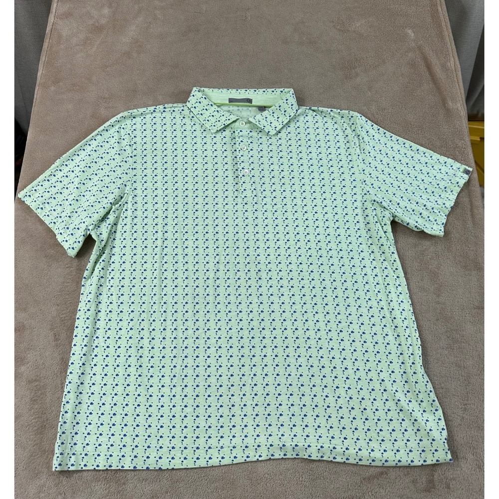 Tasc Performance Polo Shirt Mens 2XL Lime Green Floral Clover AOL Print Golf EUC